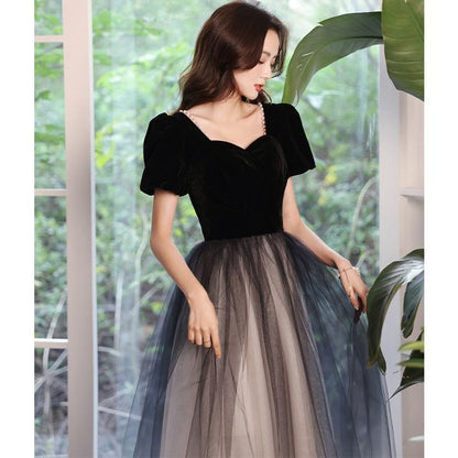 Puff-Sleeve A-Line Evening Ombre Gown Mesh