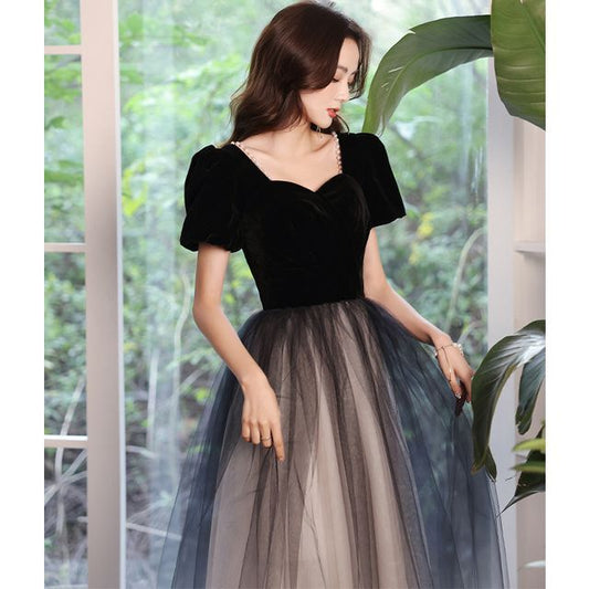 Puff-Sleeve A-Line Evening Ombre Gown Mesh
