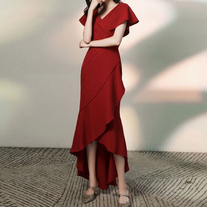 (Various Gown V-Neck Designs) Tiered Short-Sleeve Mermaid