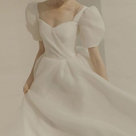 Gown Beaded Wedding A-Line Puff-Sleeve