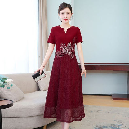 Short-Sleeve Floral Embroidered Midi A-Line Lace Qipao Dress