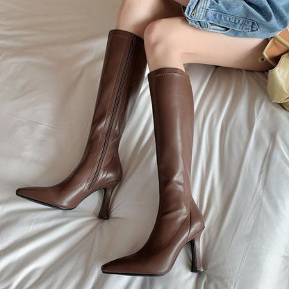 Pointy-Toe Chunky Heel Tall Boots