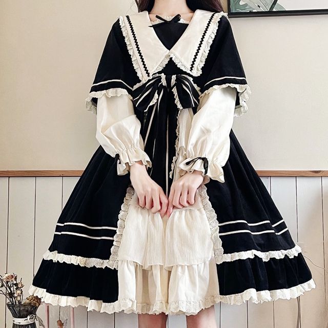 Robe trapèze / coiffe / ensemble Lolita à manches longues et bordure en dentelle en deux pièces