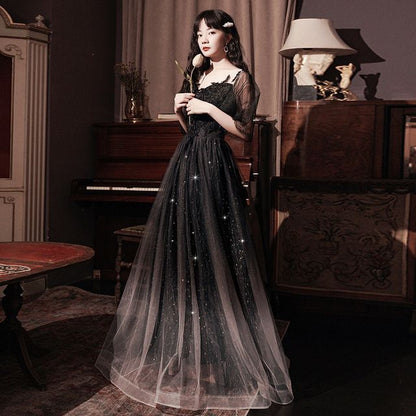 Short-Sleeve Sheer A-Line Evening Dress / Gown