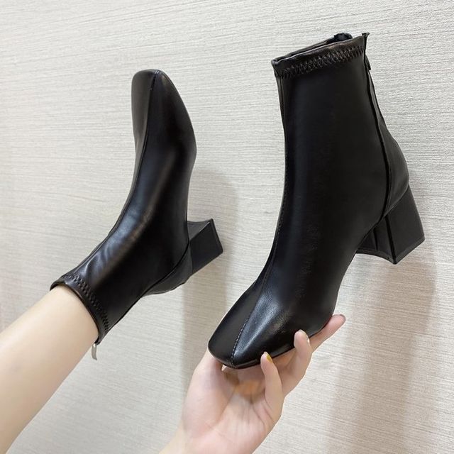 Boots Short Plain Chunky Heel