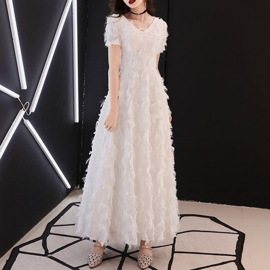 Short-Sleeve Fringed Evening Gown Trim A-Line