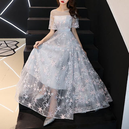 / Gown Dress Mesh Evening Cocktail Embroidered Star A-Line