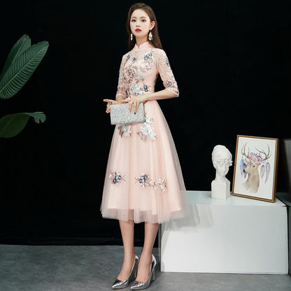 Floral Cocktail Elbow-Sleeve / Gown Embroidered Dress A-Line Evening