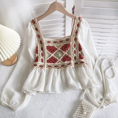 Chemisier à empiècements brodés et manches bouffantes