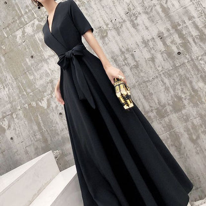 Short-Sleeve Tie-Front A-Line Evening Gown