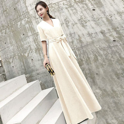 A-Line Short-Sleeve Designs) Evening (Various Tie-Front Gown