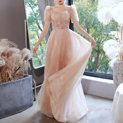 Gown Sequined Designs) Lace-Up Evening Back A-Line Puff-Sleeve (Various
