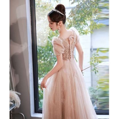 Gown Sequined Designs) Lace-Up Evening Back A-Line Puff-Sleeve (Various