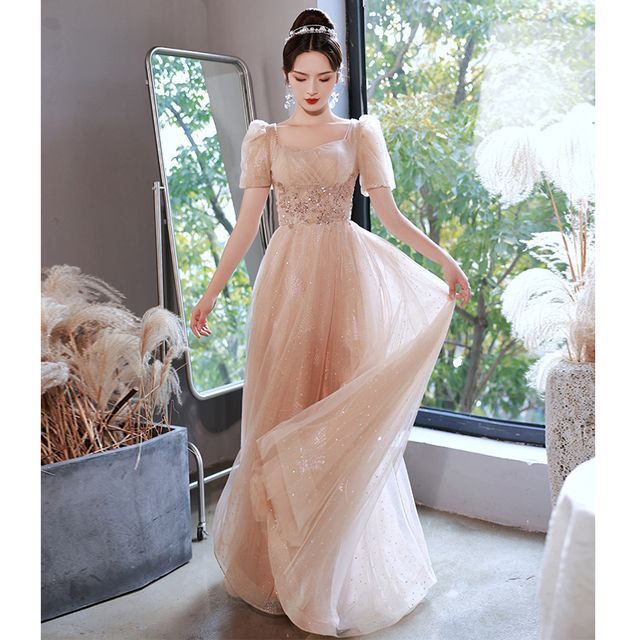 Gown Sequined Designs) Lace-Up Evening Back A-Line Puff-Sleeve (Various