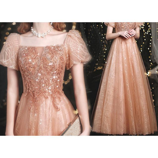 Gown Evening Sequined Puff-Sleeve A-Line