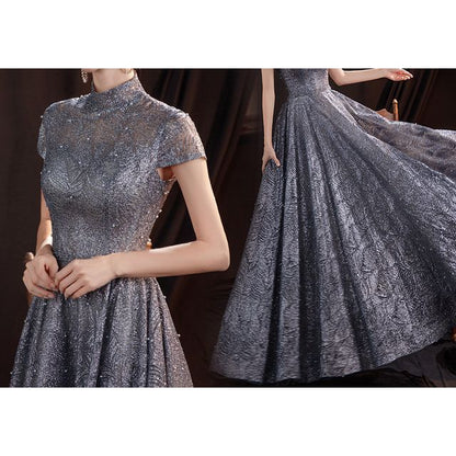 Evening A-Line Gown Glitter Short-Sleeve