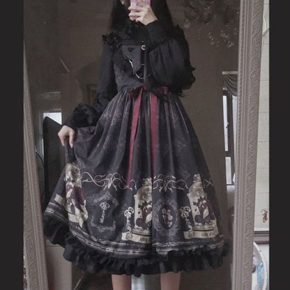 Lolita-Rüschenhemd / Overallkleid mit bedrucktem Schleifenakzent / A-Linien-Rock