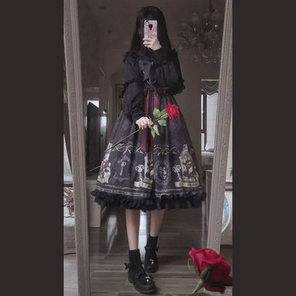 Lolita-Rüschenhemd / Overallkleid mit bedrucktem Schleifenakzent / A-Linien-Rock