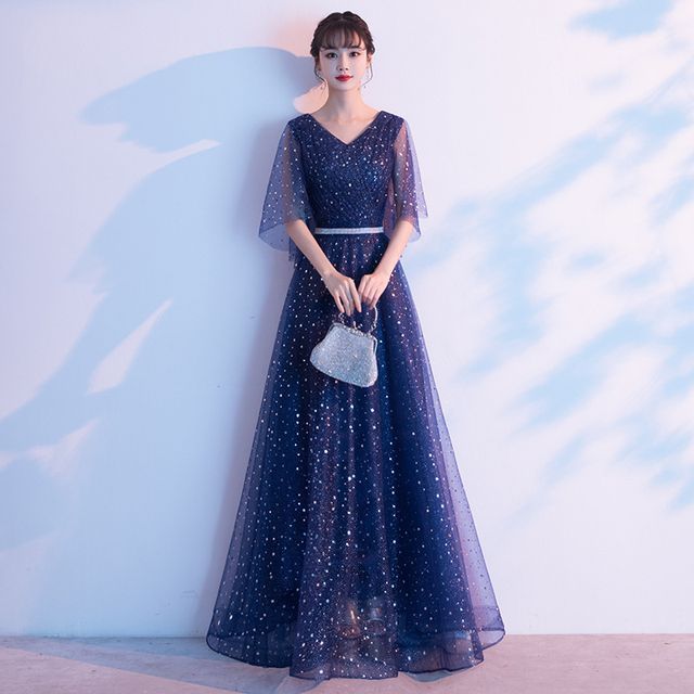 Gown Bell-Sleeve Sequined Evening A-Line