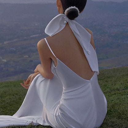 Strap A-Line Backless Wedding Spaghetti Gown