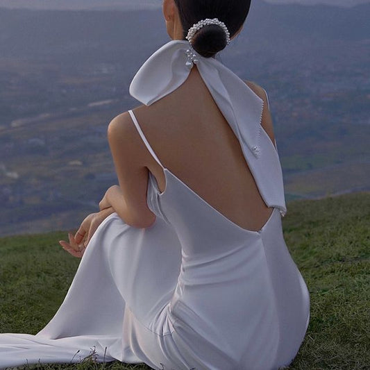 Strap A-Line Backless Wedding Spaghetti Gown