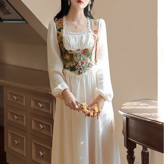Mock Two-Piece Puff-Sleeve Floral Lace-Up Midi Dress (Various Designs)