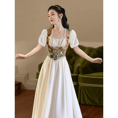 Mock Two-Piece Puff-Sleeve Floral Lace-Up Midi Dress (Various Designs)