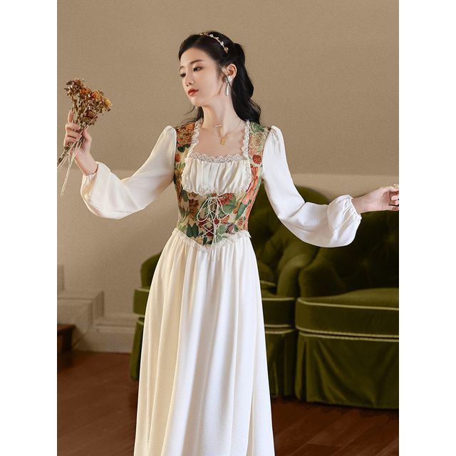 Mock Two-Piece Puff-Sleeve Floral Lace-Up Midi Dress (Various Designs)