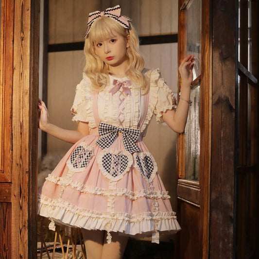 Lolita Short-Sleeve Ruffled Top / Ribbon A-Line Skirt With Suspender