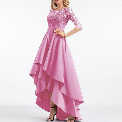 Evening Lace Panel A-Line Gown Asymmetrical Elbow-Sleeve