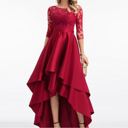 Evening Lace Panel A-Line Gown Asymmetrical Elbow-Sleeve