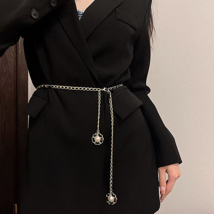 Floral Pearl Belt Faux Chain