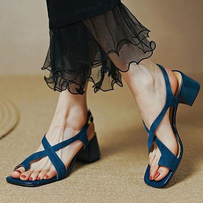 Chunky Heel Square-Toe Cross Strap Sandals