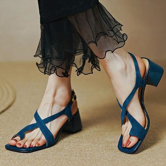Chunky Heel Square-Toe Cross Strap Sandals
