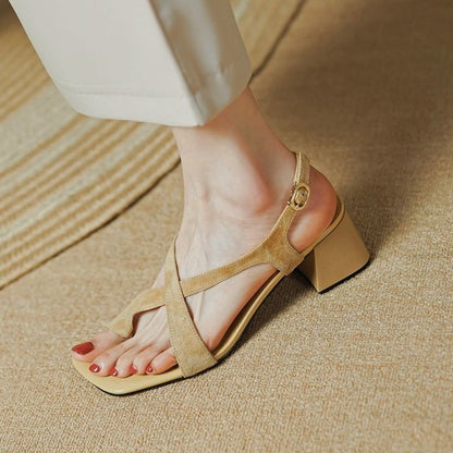 Chunky Heel Square-Toe Cross Strap Sandals
