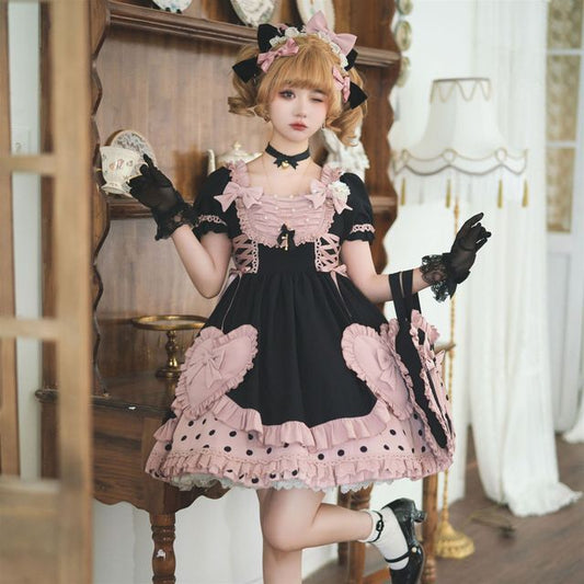 Robe trapèze mini à volants Lolita / Bandeau à nœud / Sac à main / Ensemble