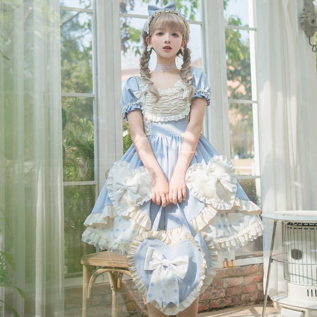 Robe trapèze mini à volants Lolita / Bandeau à nœud / Sac à main / Ensemble