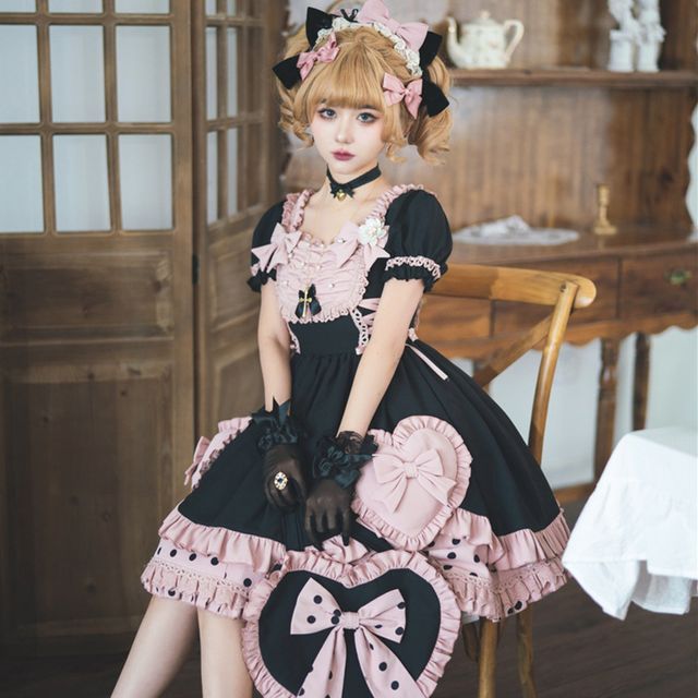 Lolita Mini-A-Linienkleid mit Rüschenbesatz / Stirnband mit Schleife / Handtasche / Set