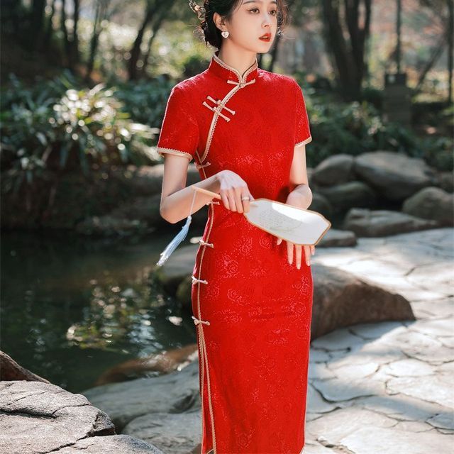 Short-Sleeve Floral Print Lace Midi Qipao