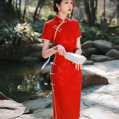 Short-Sleeve Floral Print Lace Midi Qipao