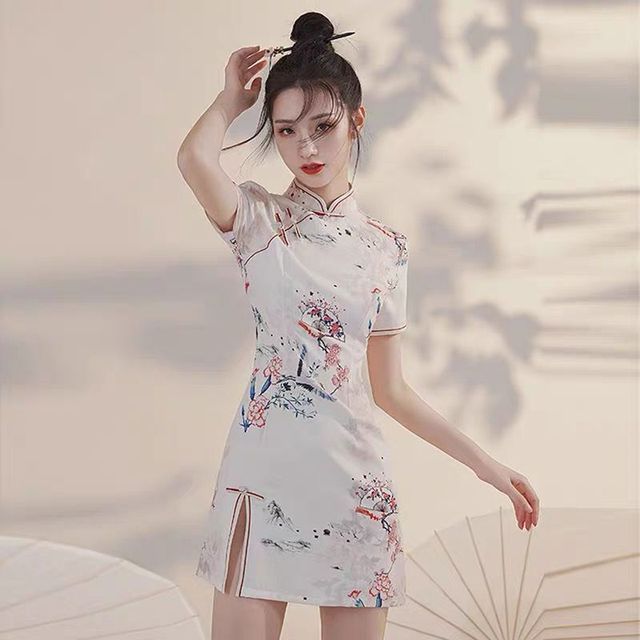 Short-Sleeve Print Mini Qipao
