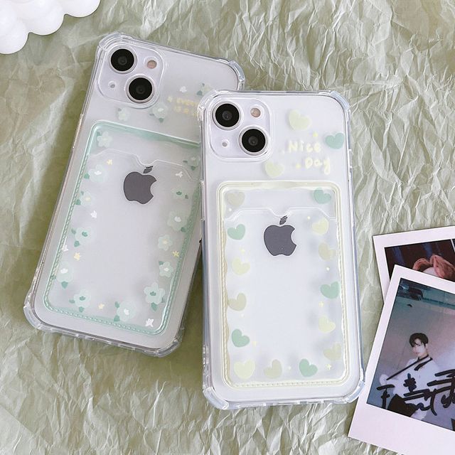 Flower / Heart Print Card Holder Transparent Phone Case