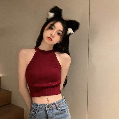 Halter Knit Crop Tank Top