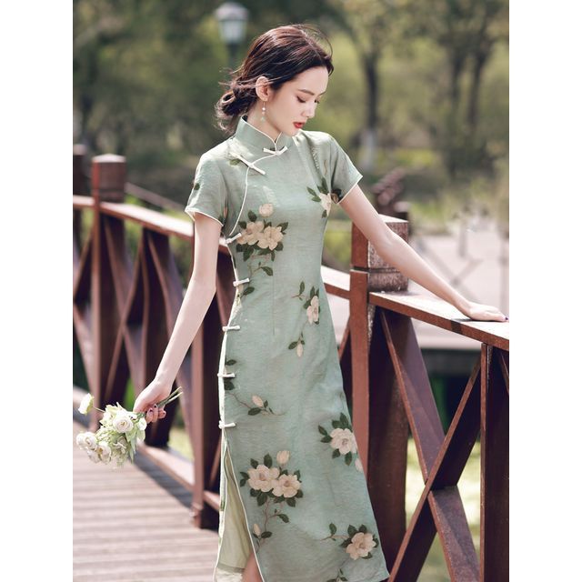 Short-Sleeve Floral Print Slit Qipao