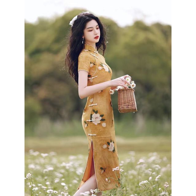 Short-Sleeve Floral Print Slit Qipao