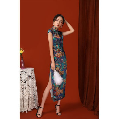 Cap-Sleeve Floral Print Midi Qipao