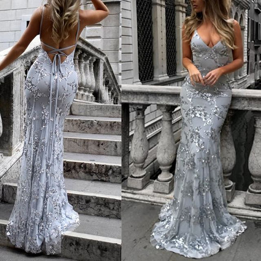 Evening Spaghetti-Strap Gown Mermaid Glitter