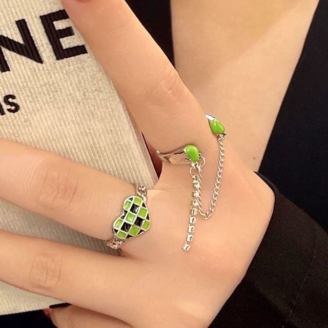 Heart Checker Chained Double Open Ring