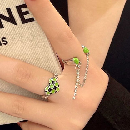 Heart Checker Chained Double Open Ring