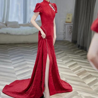 Gown Pearl Chained Puff-Sleeve Mermaid Back Faux Evening